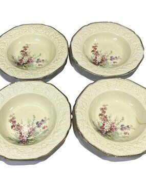 Crown Ducal Florentine Picardy Soup Bowls Set 4 Gold Trim England Vintage 9"